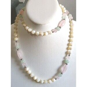 Rose Quartz Aventurine Mother Of Pearl Silver Tone Long Beaded Vintage Necklace